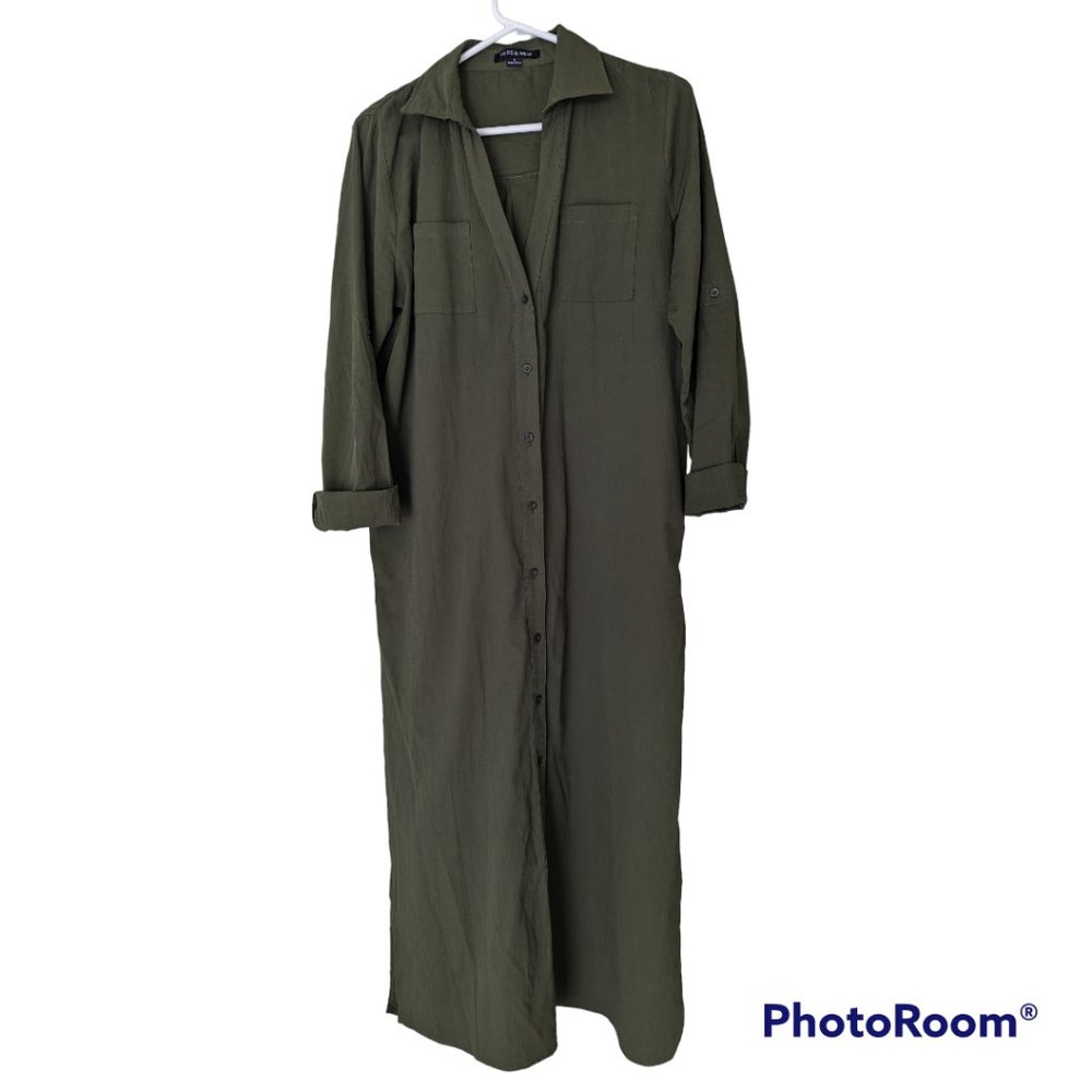 Hers & Mine Roll Up Sleeve button down Shirt Dress green Sz L